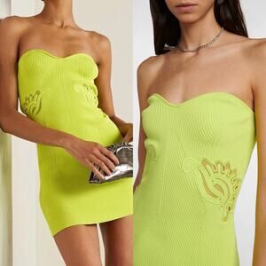 Self-Portrait Strapless Crochet Trimmed Ribbed Mini Dress Neon Yellow Size M